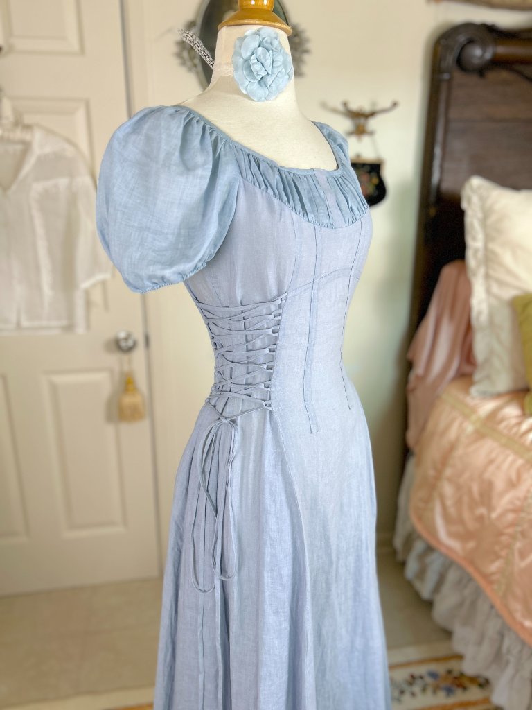 Linennaive Blue Linen Corset Milkmaid Dress, Ylang 18 Cinderella, Puff Sleeves — image 2 of 8